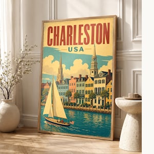 Póster turístico de Charleston | Lámina vintage de Rainbow Row de los años 50 | Arte mural retro de Carolina del Sur | Decoración de mediados de siglo imagen 1