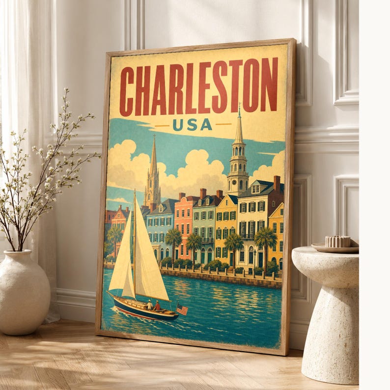 Póster turístico de Charleston | Lámina vintage de Rainbow Row de los años 50 | Arte mural retro de Carolina del Sur | Decoración de mediados de siglo imagen 1
