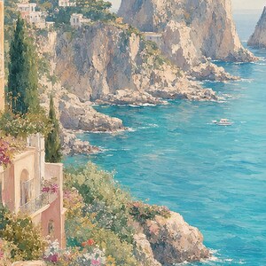 Pôster de Viagem para Capri | Pintura Suave para Parede | Arte Italiana | Impressão Costeira Mediterrânea com Faraglioni | Impresso e Enviado imagem 3