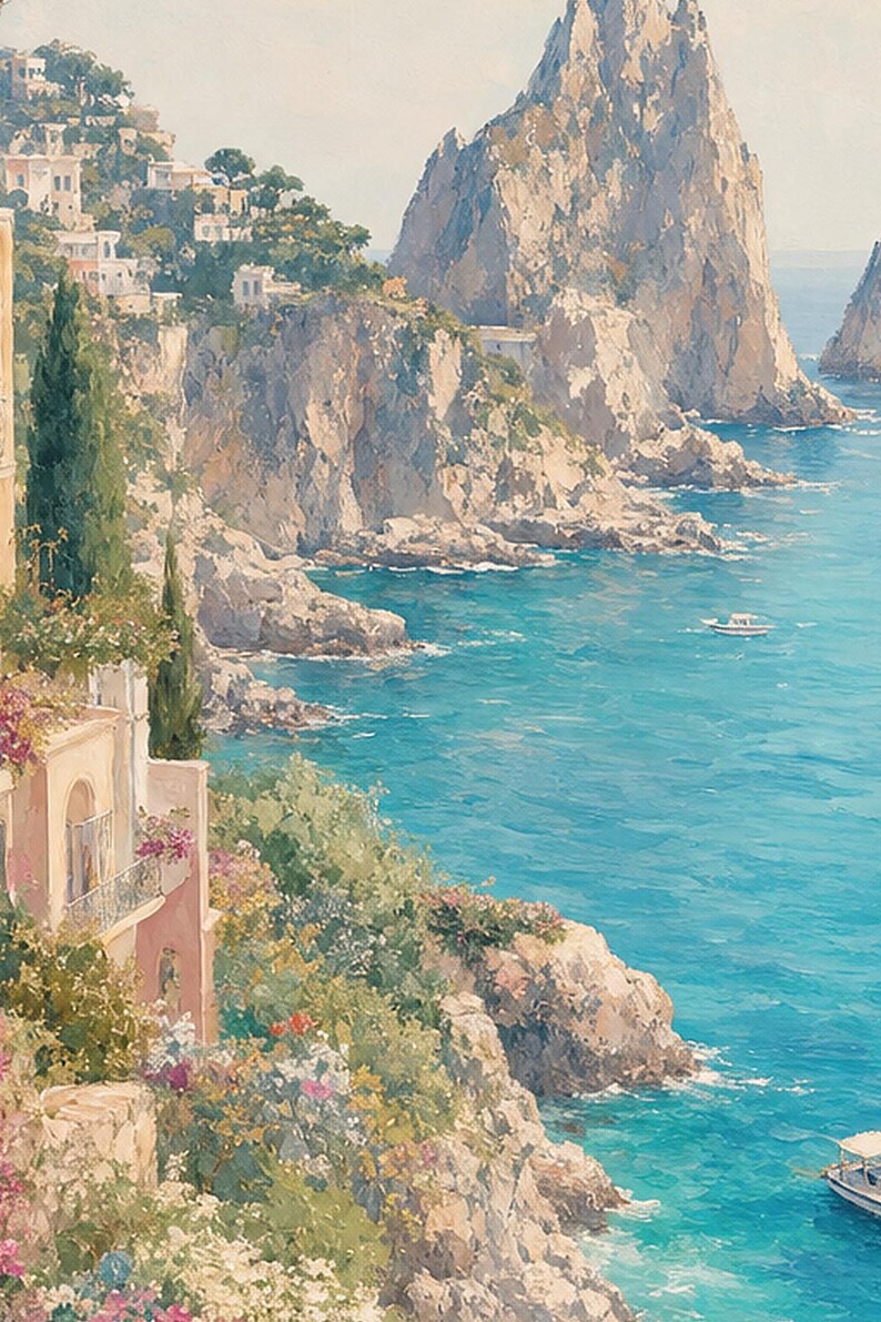 Pôster de Viagem para Capri | Pintura Suave para Parede | Arte Italiana | Impressão Costeira Mediterrânea com Faraglioni | Impresso e Enviado imagem 3