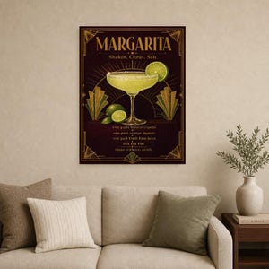 Arte de pared con receta de Margarita Art Déco dorado | Póster de receta de cóctel de lima | Impresión de decoración de carrito de bar | Art imagen 9