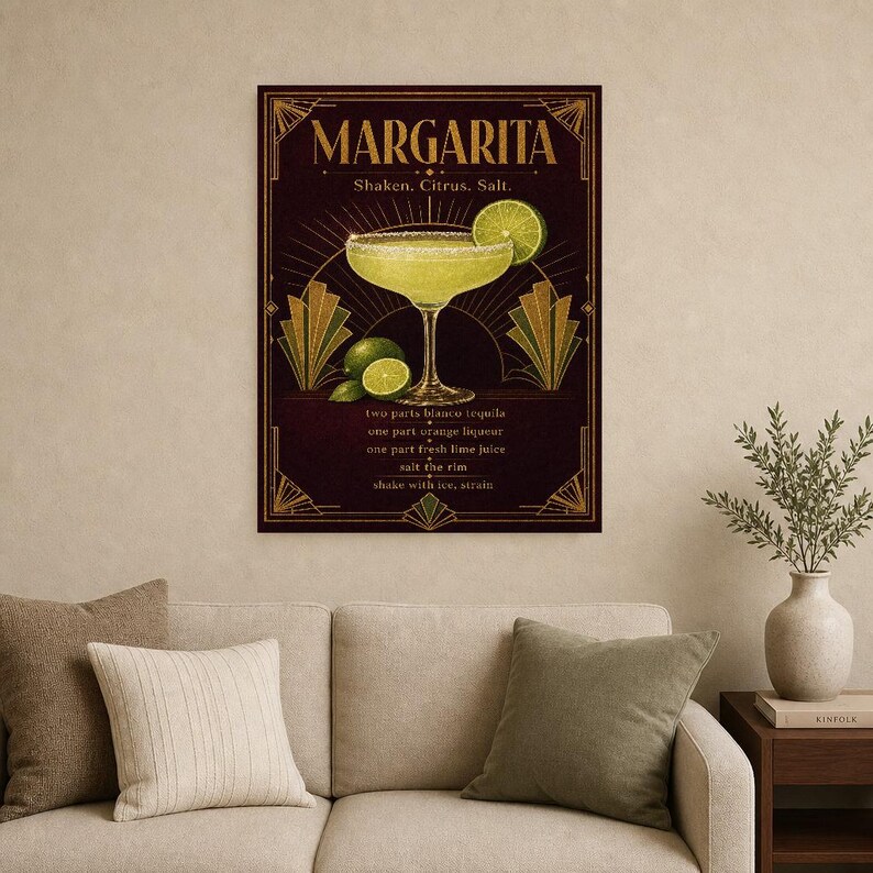 Arte de pared con receta de Margarita Art Déco dorado | Póster de receta de cóctel de lima | Impresión de decoración de carrito de bar | Art imagen 9