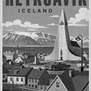 Plakat z podróży do Reykjaviku | Druk w stylu vintage z kościołem | Sztuka ścienna Islandii | Wydruk i wysyłka zdjęcie 10
