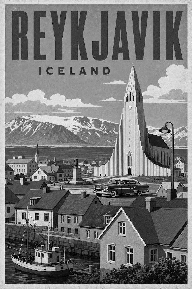 Plakat z podróży do Reykjaviku | Druk w stylu vintage z kościołem | Sztuka ścienna Islandii | Wydruk i wysyłka zdjęcie 10