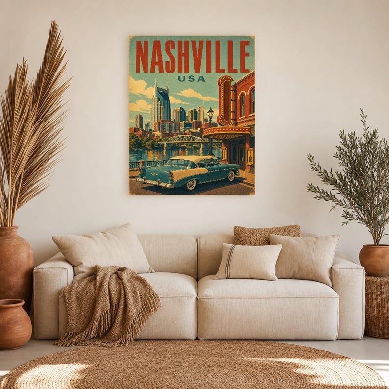Nashville Travel Poster | Vintage 1950s Music City Print | Retro Tennessee Wall Art | Mid Century City Decor image 7