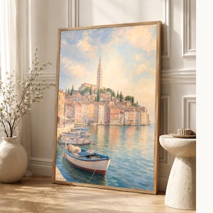 Plakat podróżniczy Rovinj | Delikatne malowanie, Chorwacja, grafika ścienna | Wydruk z nadmorskim miastem Adriatyku | Wydruk i wysyłka zdjęcie 1