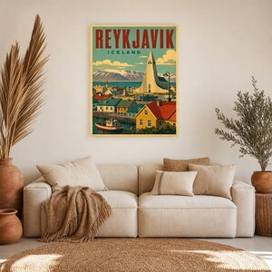 Plakat z podróży do Reykjaviku | Druk w stylu vintage z kościołem | Sztuka ścienna Islandii | Wydruk i wysyłka zdjęcie 7