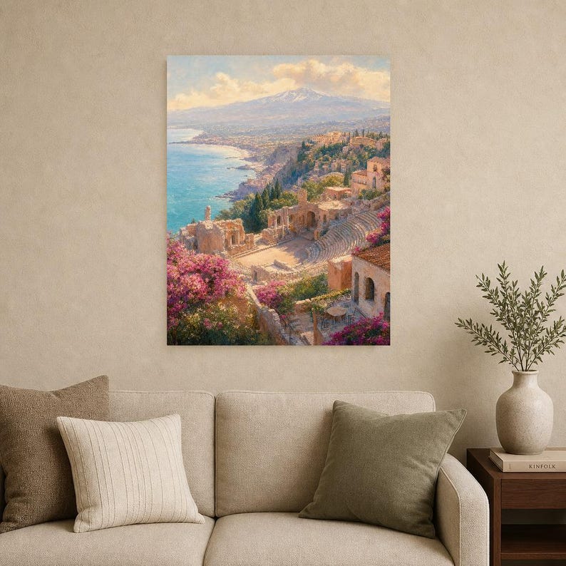 Taormina Travel Poster | Soft Painting Sicily Italy Wall Art | Coastal Etna View Print | Printed & Shipped image 9