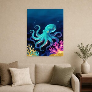 Bioluminescent Octopus Poster | Deep Sea Ocean Bathroom Wall Art Print | Dark Coastal Night Print image 12