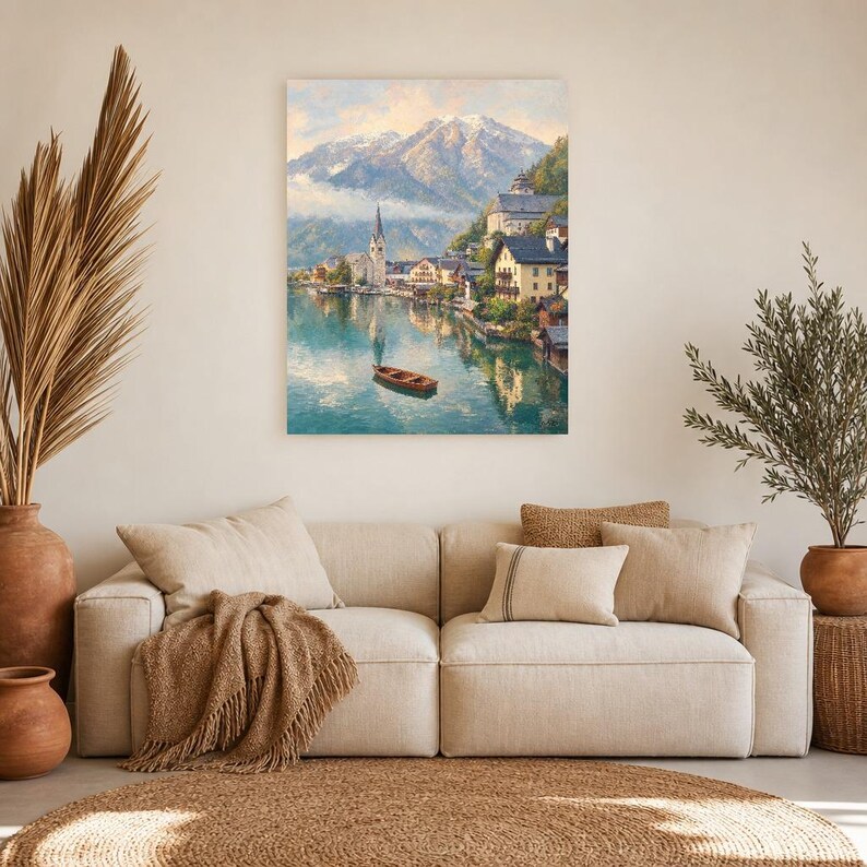 Póster de viaje de Hallstatt | Pintura suave para pared en Austria | Lámina de pueblo alpino junto al lago | Impreso y enviado imagen 7