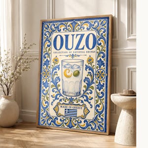 Ouzo cocktail tegel kunst aan de muur | Nationale drankposter van Griekenland | Azulejo Barwagen afdrukken | Maiolica keukendecor afbeelding 1