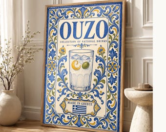 Ouzo Cocktail Tile Wall Art Print | Greece National Drink Poster | Azulejo Bar Cart Print | Maiolica Kitchen Decor