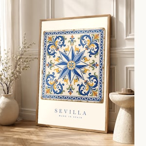 Seville Azulejo Tile Wall Art | Full Color Spanish Maiolica Poster | 8-Pointed Star Print | Andalusia Travel Decor | Spain Kitchen Gift image 1