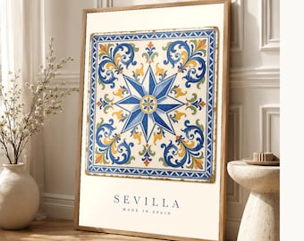 Seville Azulejo Tile Wall Art | Full Color Spanish Maiolica Poster | 8-Pointed Star Print | Andalusia Travel Decor | Spain Kitchen Gift