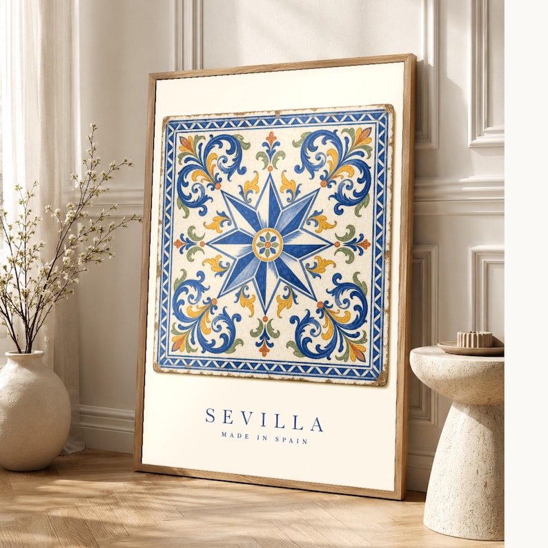 Seville Azulejo Tile Wall Art | Full Color Spanish Maiolica Poster | 8-Pointed Star Print | Andalusia Travel Decor | Spain Kitchen Gift image 1