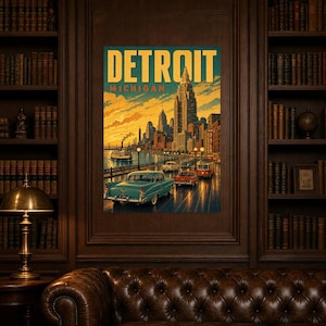 Detroit Travel Poster | Vintage 1950s Motor City Print | Michigan Wall Art Print | Mid Century City Decor image 4