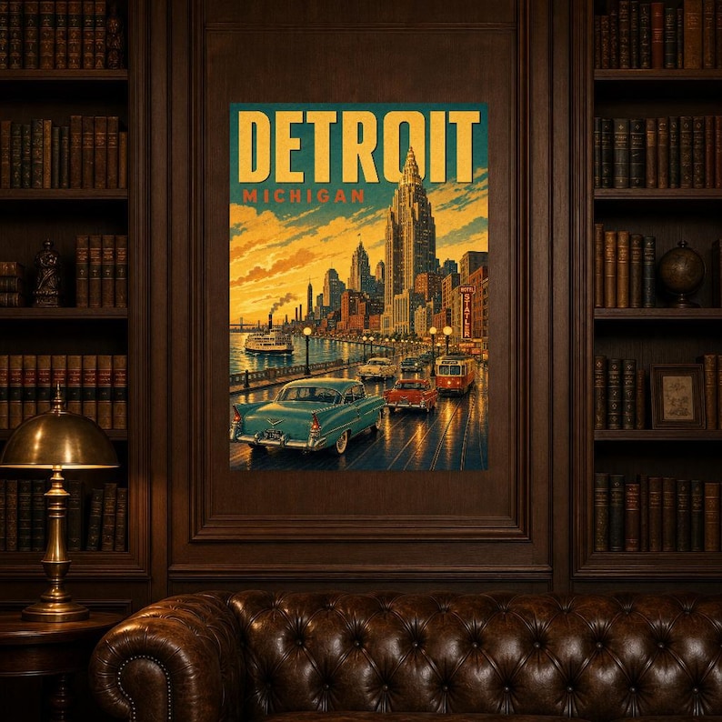 Detroit Travel Poster | Vintage 1950s Motor City Print | Michigan Wall Art Print | Mid Century City Decor image 4