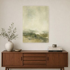 Moody Green Abstract Wall Art Print | Panoramic Color Field Print | Sage Watercolor Landscape Poster | Wabi-Sabi Living Room Decor image 2