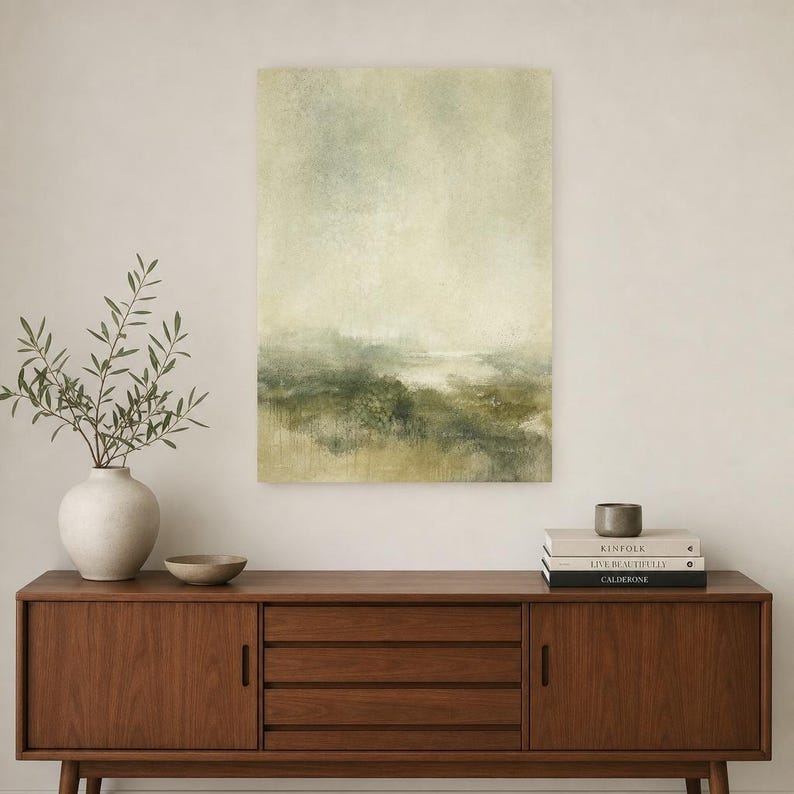 Moody Green Abstract Wall Art Print | Panoramic Color Field Print | Sage Watercolor Landscape Poster | Wabi-Sabi Living Room Decor image 2