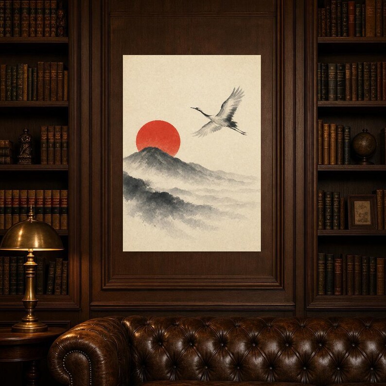 Red Sun Mountain Japandi Wall Art Print | Sumi-e Crane Print | Wabi Sabi Zen Office Poster image 5