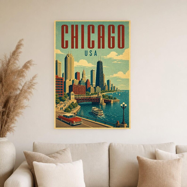 Chicago Travel Poster | Vintage Skyline Print | USA Wall Art | Printed & Shipped image 4