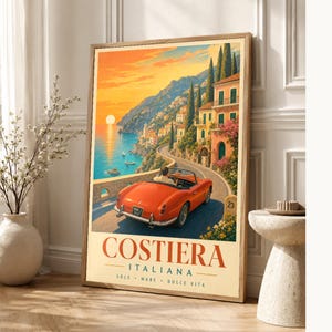 Vintage Car Wall Art Print | Italian Coast Road Trip Poster | Riviera Convertible Print | Dolce Vita Sunset Decor | Mediterranean Travel Art image 1