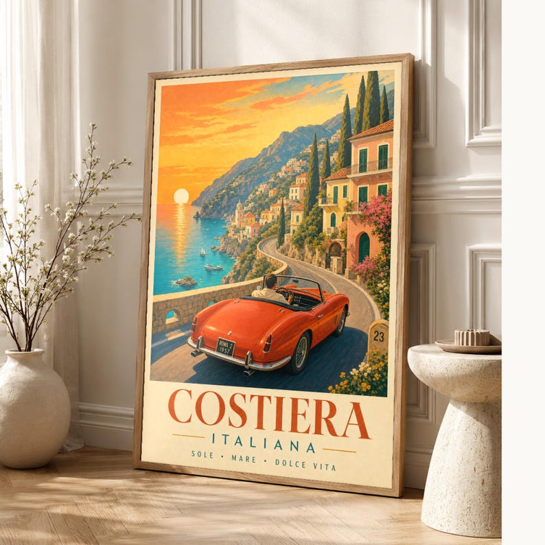 Vintage Car Wall Art Print | Italian Coast Road Trip Poster | Riviera Convertible Print | Dolce Vita Sunset Decor | Mediterranean Travel Art image 1