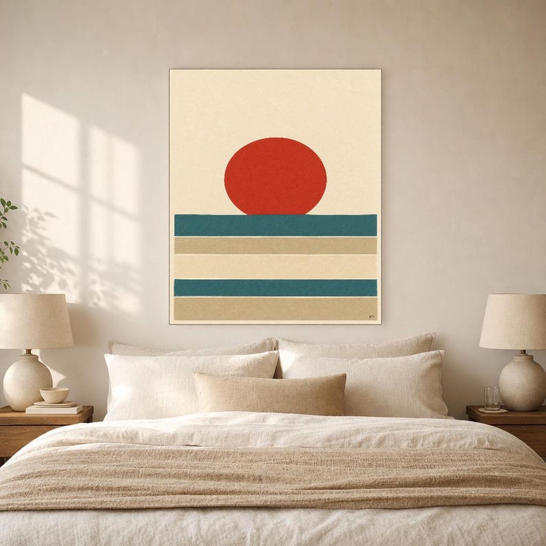 Tomato Red Sun Nordic Lake Wall Art Print | Minimalist Sun Poster | Cut-Paper Mid-Century Print | Gray Blue Scandi Decor image 6