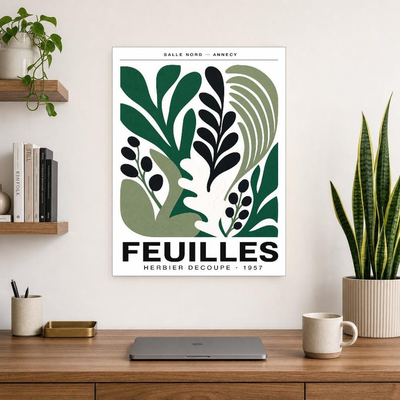 Botanical Cut Paper Exhibition Poster | Forest Green Leaf Wall Art Print | Mid Century Gallery Print | Abstract Matisse Style Poster Decor image 8