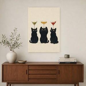 Black Cat Cocktail Wall Art Print | Martini Trio Poster | Bar Cart Print | Quirky Black Cat Club Lounge Decor image 2