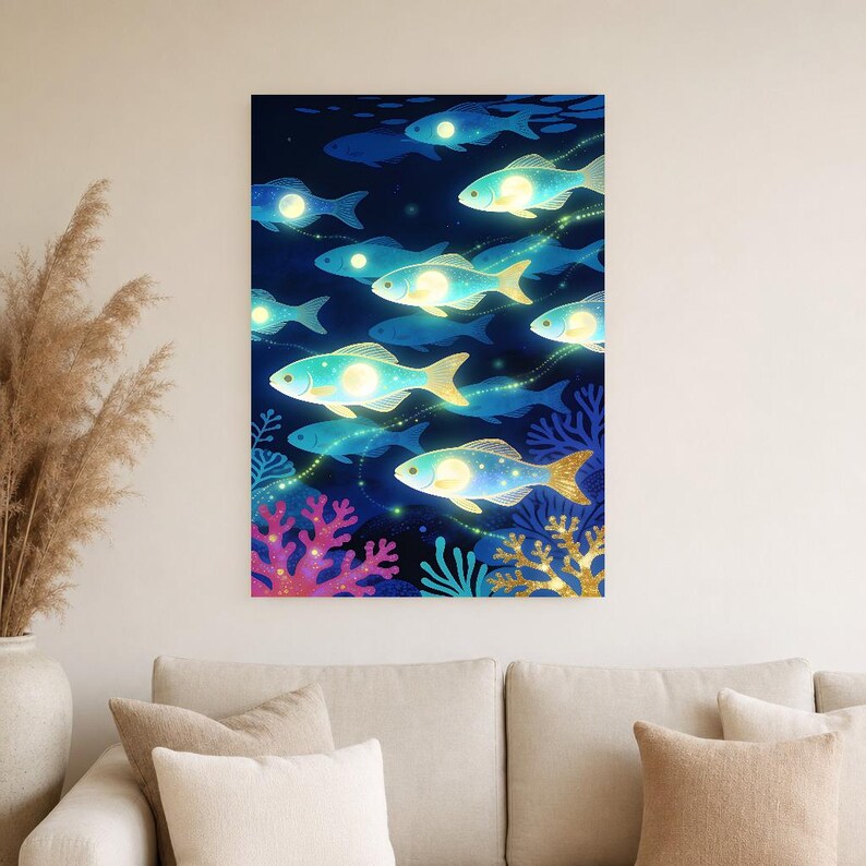 Bioluminescent Fish Shoal Poster | Deep Sea Ocean Bathroom Wall Art Print | Dark Coastal Night Print image 2