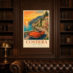 Vintage Car Wall Art Print | Italian Coast Road Trip Poster | Riviera Convertible Print | Dolce Vita Sunset Decor | Mediterranean Travel Art image 5