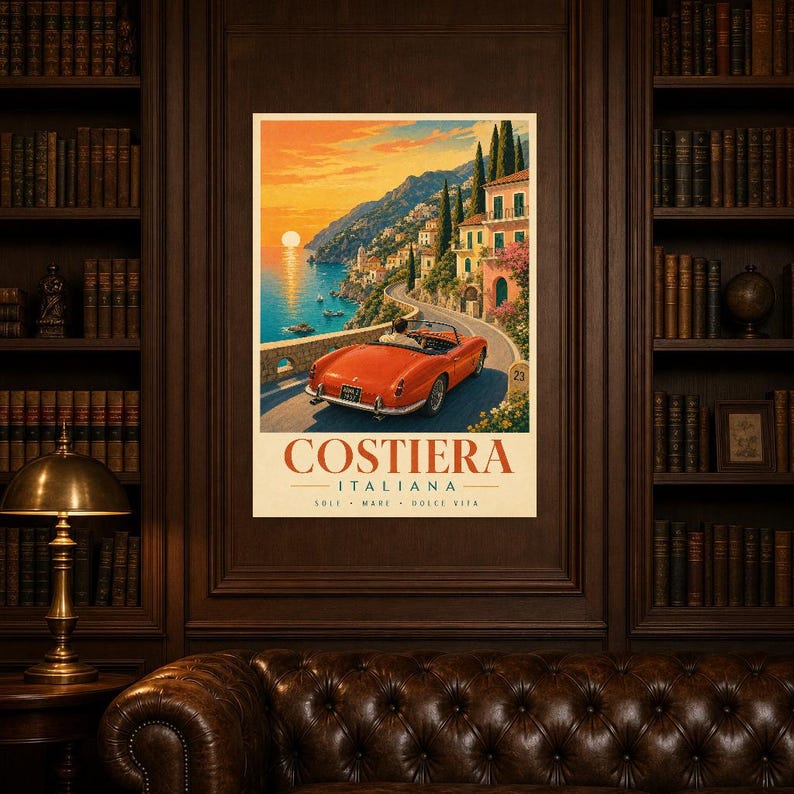 Vintage Car Wall Art Print | Italian Coast Road Trip Poster | Riviera Convertible Print | Dolce Vita Sunset Decor | Mediterranean Travel Art image 5