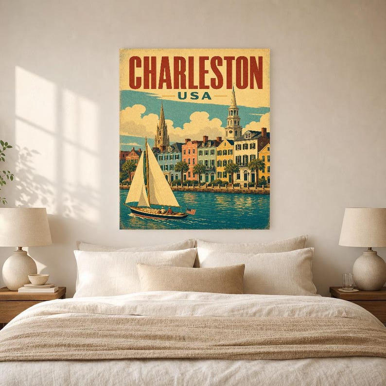 Póster turístico de Charleston | Lámina vintage de Rainbow Row de los años 50 | Arte mural retro de Carolina del Sur | Decoración de mediados de siglo imagen 6