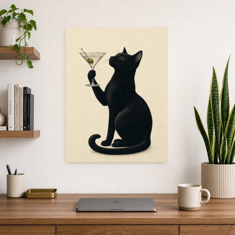 Black Cat Martini Wall Art Print | Olive Cocktail Poster | Bar Cart Print | Funny Black Cat Club Bar Decor image 8