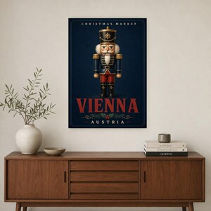 Wiener Weihnachtsmarkt Nussknacker Wandkunst | Österreich Urlaubsposter | Vintage Weihnachtsdruck | Festliches Soldatendekor Bild 2