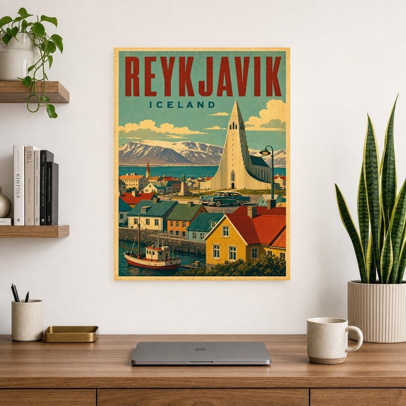 Plakat z podróży do Reykjaviku | Druk w stylu vintage z kościołem | Sztuka ścienna Islandii | Wydruk i wysyłka zdjęcie 8