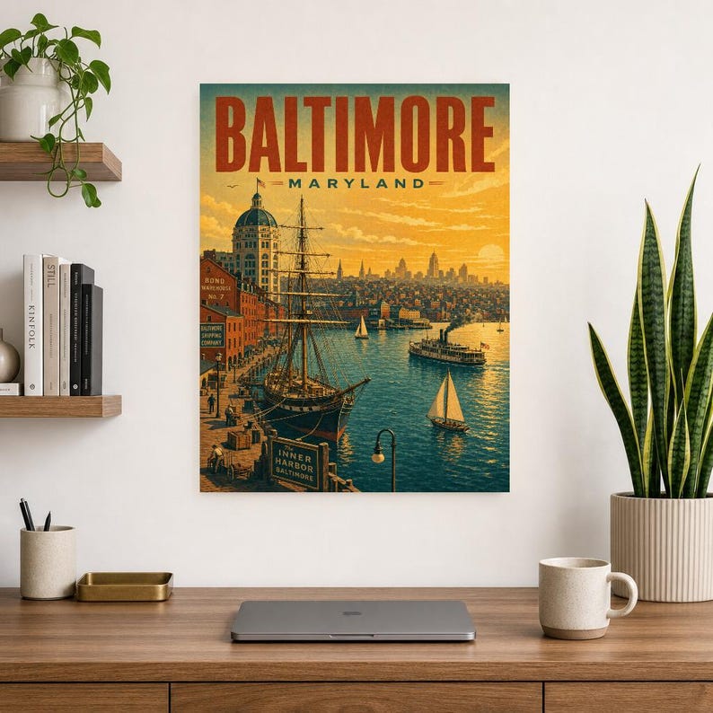 Póster turístico de Baltimore | Lámina vintage del Inner Harbor de los años 50 | Lámina decorativa de Maryland | Decoración urbana de mediados de siglo imagen 7