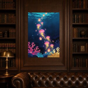 Bioluminescent Jellyfish Poster | Deep Sea Ocean Bathroom Wall Art Print | Dark Coastal Night Print image 4