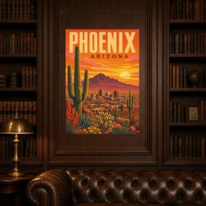 Póster de viaje de Phoenix | Lámina vintage de una puesta de sol en el desierto de Sonora | Lámina decorativa de Arizona | Decoración urbana de mediados de siglo imagen 4