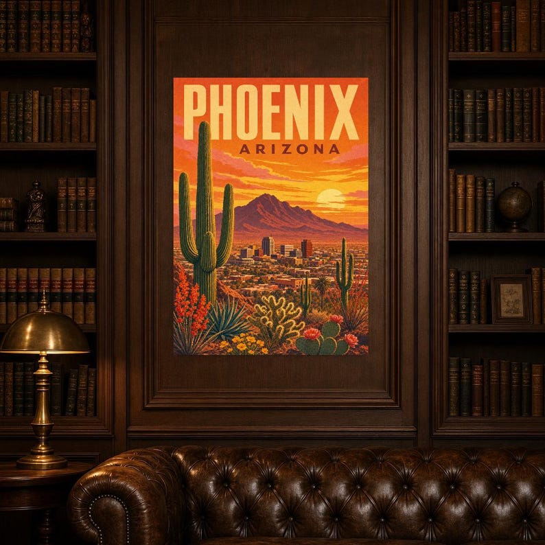 Póster de viaje de Phoenix | Lámina vintage de una puesta de sol en el desierto de Sonora | Lámina decorativa de Arizona | Decoración urbana de mediados de siglo imagen 4