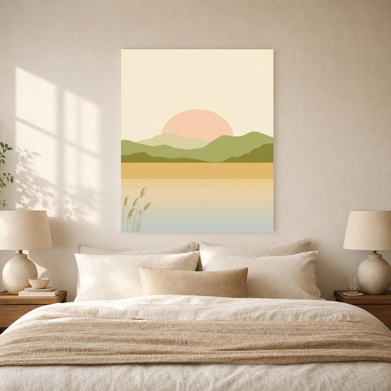 Cuadro decorativo de atardecer en la montaña verde salvia | Póster minimalista de paisaje zen | Lámina para salón con ambiente tranquilo y natural imagen 5