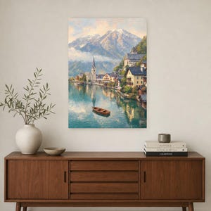 Póster de viaje de Hallstatt | Pintura suave para pared en Austria | Lámina de pueblo alpino junto al lago | Impreso y enviado imagen 2