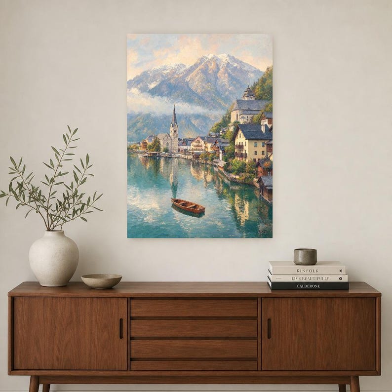 Póster de viaje de Hallstatt | Pintura suave para pared en Austria | Lámina de pueblo alpino junto al lago | Impreso y enviado imagen 2