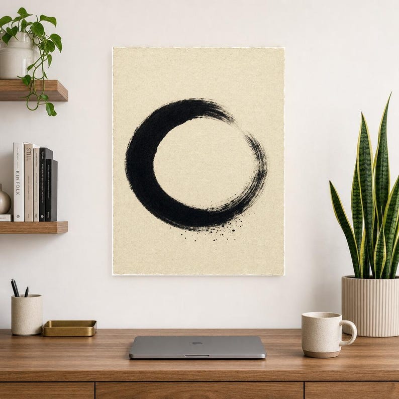 Zen Enso Circle Japandi Wall Art Print | Black Ink on Cream | Wabi Sabi Mono Brushstroke Print image 8