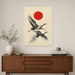 Impresión de grúa de sol rojo Arte de pared japonés | Dos grúas Sumi-e | Póster Dormitorio Wabi Sabi imagen 2