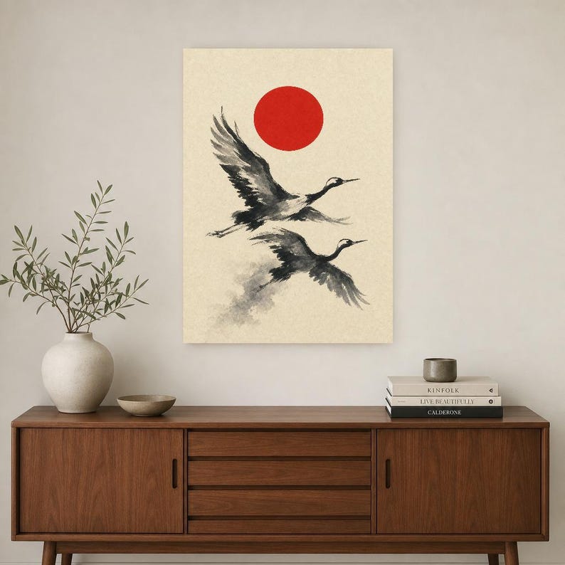 Impresión de grúa de sol rojo Arte de pared japonés | Dos grúas Sumi-e | Póster Dormitorio Wabi Sabi imagen 2
