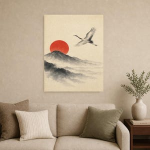 Red Sun Mountain Japandi Wall Art Print | Sumi-e Crane Print | Wabi Sabi Zen Office Poster image 9