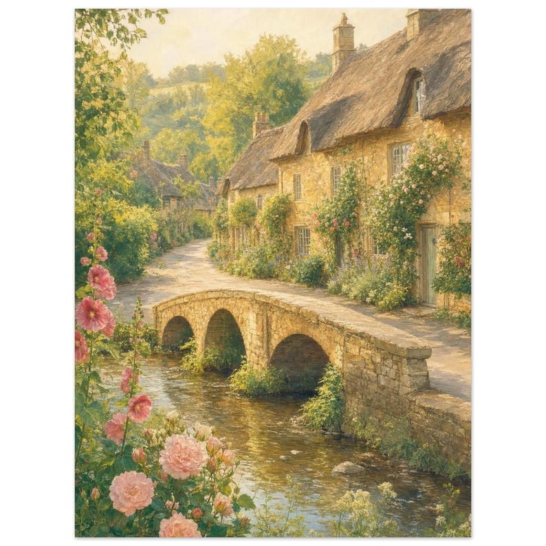 Reiseposter Cotswolds | Wandbild „Weiche Malerei England“ | Kunstdruck eines englischen Dorfhauses | Gedruckt & Versand 15x20 cm / 6x8″