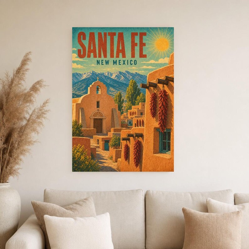 Santa Fe Travel Poster | Vintage Adobe Pueblo Print | New Mexico Wall Art Print | Mid Century City Decor image 3